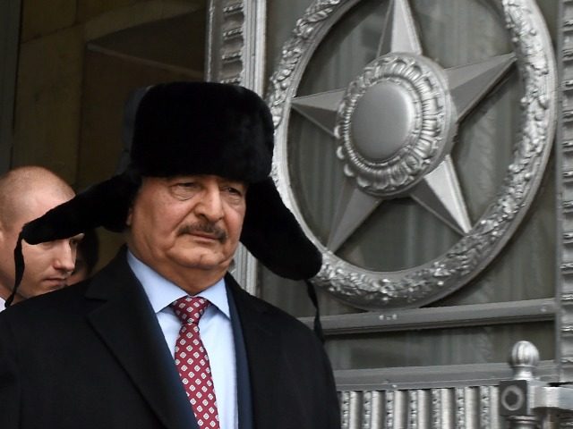 Marshal Khalifa Haftar, chief of the so-called Libyan National Army, leaves the main building of Russia's Foreign Ministry after a meeting with Russian Minister of Foreign Affairs in Moscow on November 29, 2016. / AFP / Vasily MAXIMOV (Photo credit should read VASILY MAXIMOV/AFP/Getty Images)