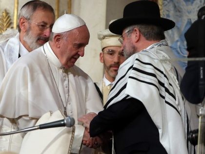 ROME, ITALY - JANUARY 17: Pope Francis greets leaders and members of the local Jewish com