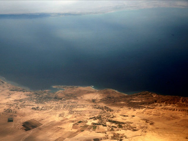 An aerial view of the coast of the Red Sea and the two islands of Tiran and Sanafir is pic