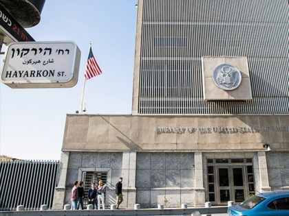 A picture taken on January 20, 2017 shows the exterior of the US Embassy building in the Israeli coastal city of Tel Aviv, coinciding with the inauguration of Donald Trump as the 45th president of the United States. Outgoing US President Barack Obama warned his successor against any 'sudden, unilateral …