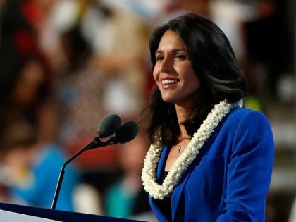 PHILADELPHIA, PA - JULY 26: US representative Tulsi Gabbard (D-HI) delivers remarks on the second day of the Democratic National Convention at the Wells Fargo Center, July 26, 2016 in Philadelphia, Pennsylvania. An estimated 50,000 people are expected in Philadelphia, including hundreds of protesters and members of the media. The …