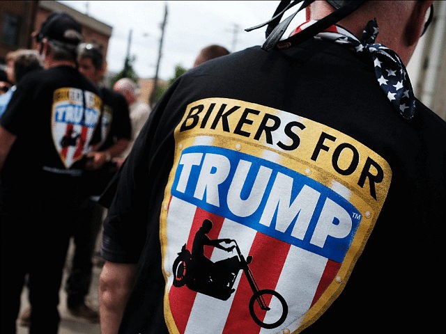 CLEVELAND, OH - JULY 18: Members of the Bikers for Trump motorcycle group attend a rally for Donald Trump on the first day of the Republican National Convention (RNC) on July 18, 2016 in downtown Cleveland, Ohio. An estimated 50,000 people are expected in downtown Cleveland, including hundreds of protesters …