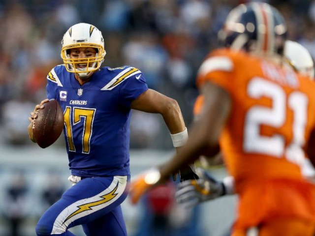 Philip Rivers of the San Diego Chargers runs from the pocket during the first half of a game against the Denver Broncos at Qualcomm Stadium on October 13, 2016 in San Diego, California