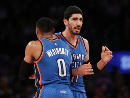 Russell Westbrook and Enes Kanter of the Oklahoma City Thunder, seen in action during a NBA game at Madison Square Garden in New York