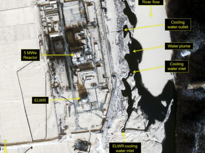 YONGBYON NUCLEAR FACILITY, NORTH KOREA - JANUARY 22, 2017: Figure 2. Water plume originating from the 5Mwe Reactor cooling water outlet. Date: January 22, 2017. Mandatory credit for all images: DigitalGlobe/38 North via Getty Images