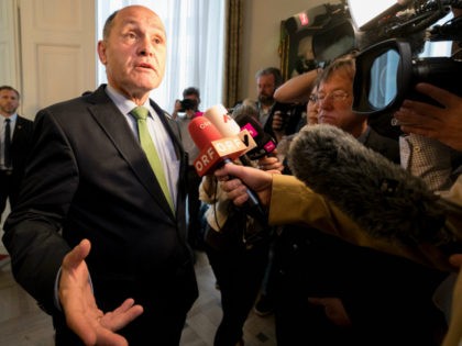 Austrian Interior Minister Wolfgang Sobotka of the Austrian Peoples Party speaks to journa
