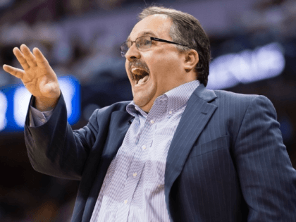 Detroit Pistons head coach Stan Van Gundy yells to his players during the first half of the NBA Eastern Conference quarterfinals against the Cleveland Cavaliers, on April 17, 2016 in Cleveland, Ohio