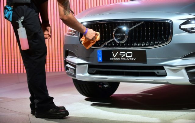 A new Volvo V90 is wiped clean ahead of Volvo's press conference at the Los Angeles Auto S