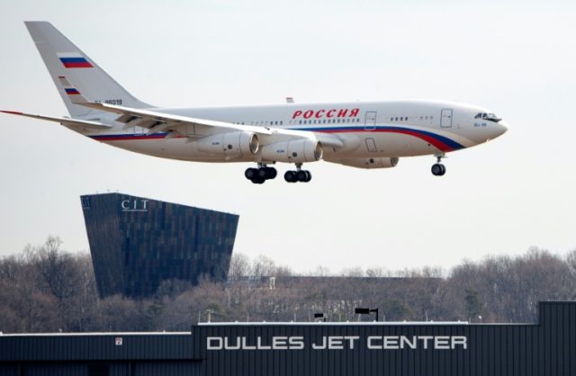 A Russian aircraft lands at Dulles International Airport outside Washington, DC, to pickup