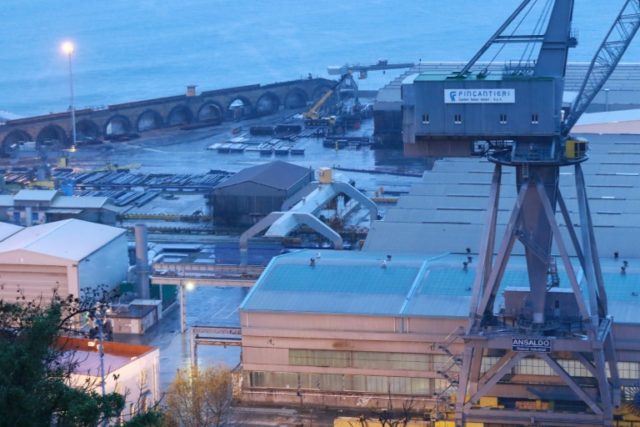 A crane of the shipyard Fincantieri is seen January 3, 2017 in Castellamare di Stabia near