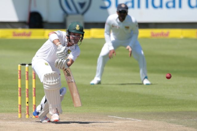 South Africa batsman Dean Elgar (L) plays a shot during the second Test against Sri Lanka