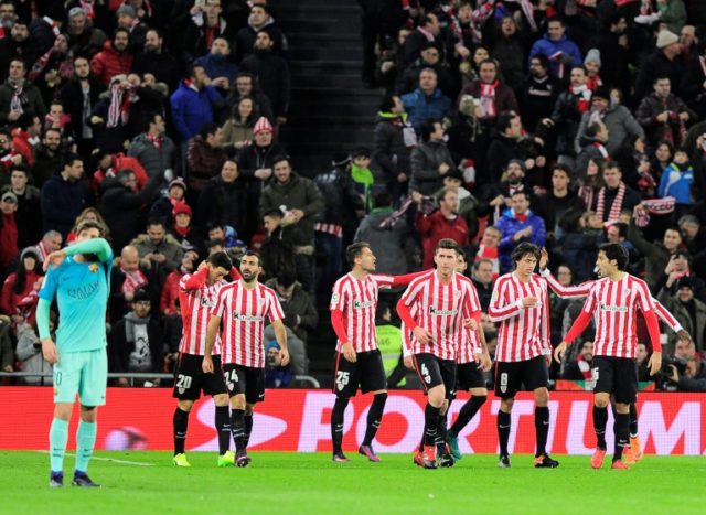 Athletic Bilbao's players celebrate after Athletic Bilbao's forward Aritz Aduriz scored hi