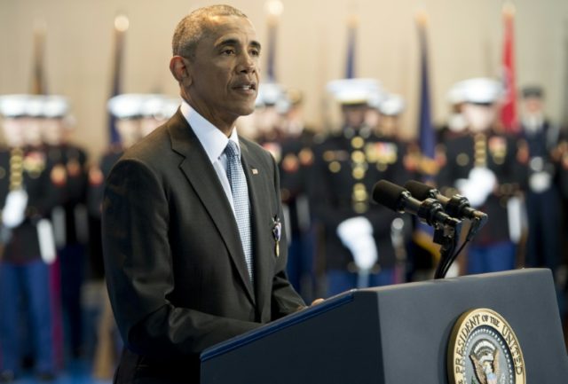 US President Barack Obama speaks during the Armed Forces Full Honor Review Farewell Ceremo