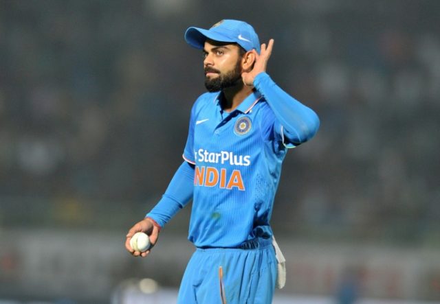 India's Virat Kohli gestures towards the crowd during the fifth one-day international agai