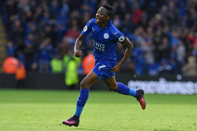 Leicester City's midfielder Ahmed Musa celebrates after scoring the opening goal of the En