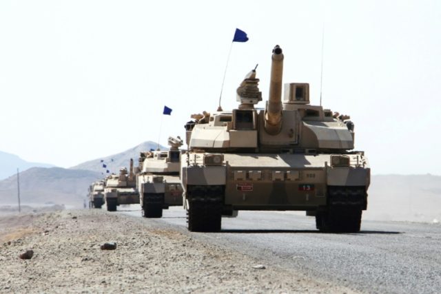 Saudi tanks are deployed in the Yemeni coastal district of Dhubab, during a military opera