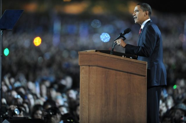 Then Democratic presidential candidate Barack Obama addresses supporters during his electi