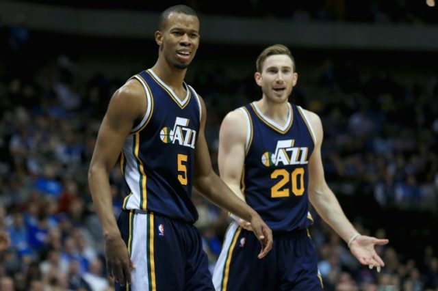 Rodney Hood (L) and Gordon Hayward of the Utah Jazz, seen in action during a NBA game at A