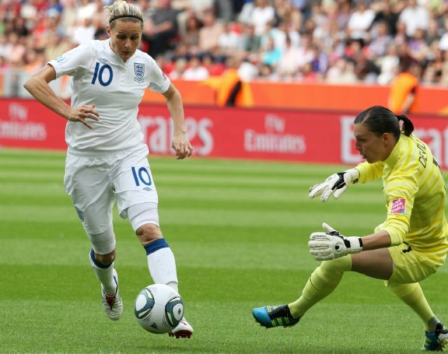 England's forward Kelly Smith (L) scored 46 goals in 117 appearances for England and won f
