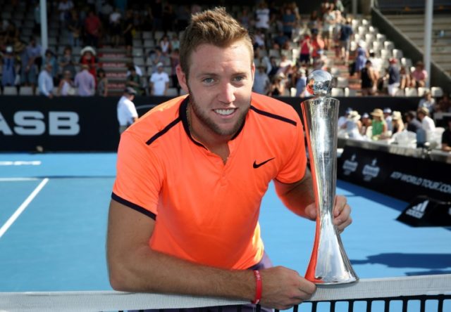 American Jack Sock celebrates after defeating Portugal's Joao Sousa in their ATP Auckland
