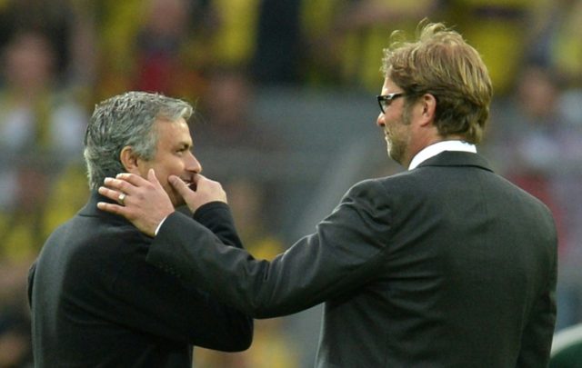 Borussia Dortmund's then coach Jurgen Klopp (R) greets then Real Madrid counterpart Jose M