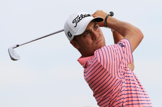Justin Thomas of the US plays his shot from the 17th tee during the third round of the Son