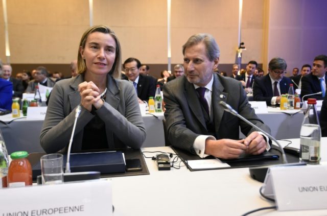 EU Foreign Policy Chief Federica Mogherini and EU Commissioner Johannes Hahn attend the Mi