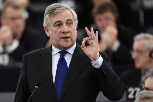 Member of the European People's Party Antonio Tajani delivers a speech during a session to