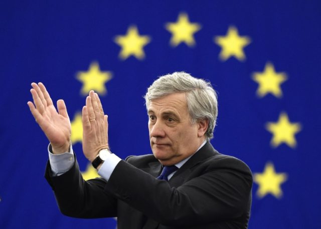 The European Parliament's new President Antonio Tajani reacts following his election in St