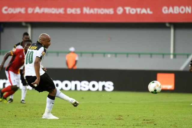 Ghana's forward Andre Ayew scores a penalty during the 2017 Africa Cup of Nations group D