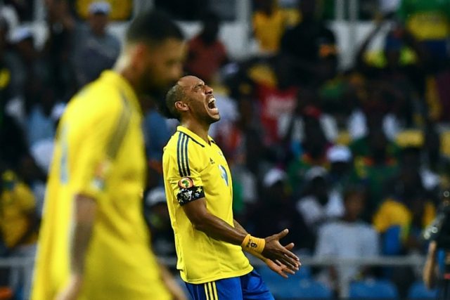 Gabon's forward Pierre-Emerick Aubameyang reacts after a teammate misses a goal opportunit