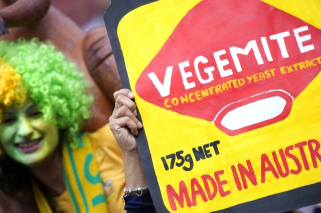 Australian fans cheer with a 'Vegemite' placard prior to a FIFA women's football World Cup