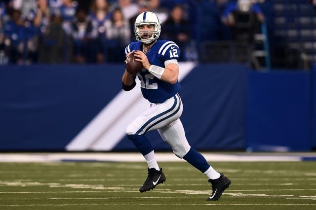 Andrew Luck of the Indianapolis Colts looks to pass during the second half of a game again