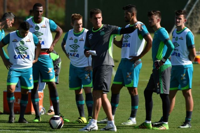 Coach of Brazilian football team Chapecoense, Vagner Mancini (C), takes a training session