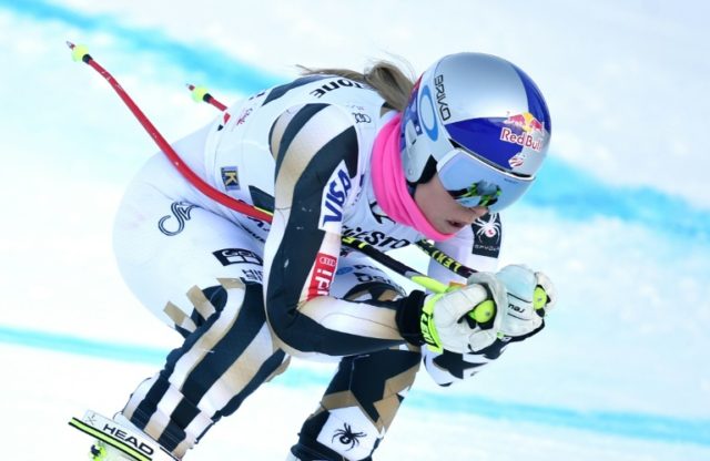 US Lindsey Vonn races during training for the women's downhill race at the FIS Alpine Skii