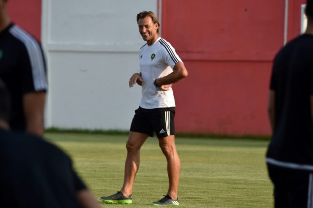 Morocco's head coach Herve Renard conducts a training session on January 22, 2017 in Bitam