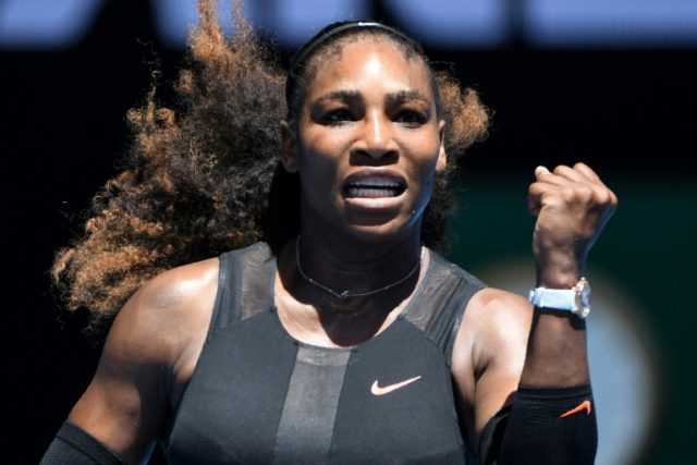 Serena Williams of the US celebrates her victory against Czech Republic's Barbora Strycova