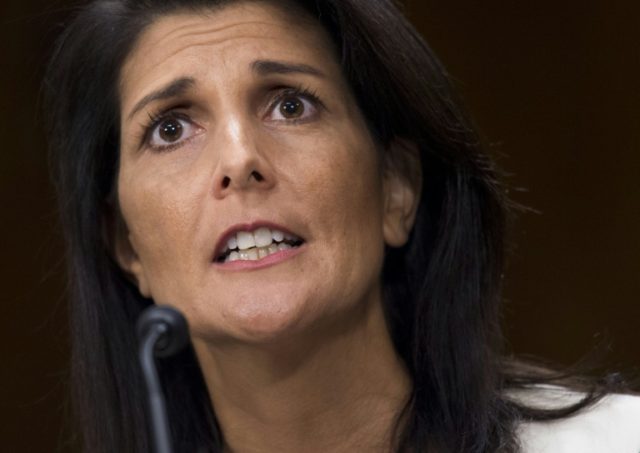 South Carolina Governor Nikki Haley testifies during her confirmation hearing for US Ambas