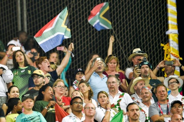 Fans cheer during the World Rugby Men's Seven Series Final Cup match between South Africa