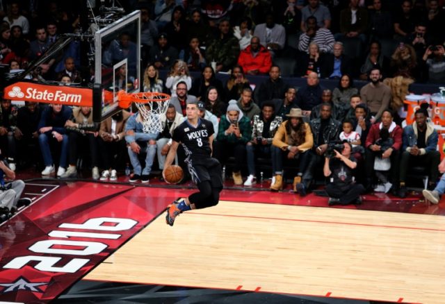 Zach LaVine of the Minnesota Timberwolves dunks in the Verizon Slam Dunk Contest during NB