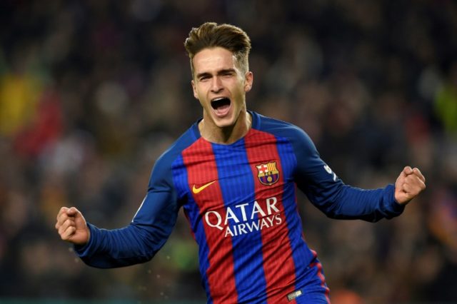 Barcelona's Denis Suarez celebrates after scoring the opener against Real Sociedad during