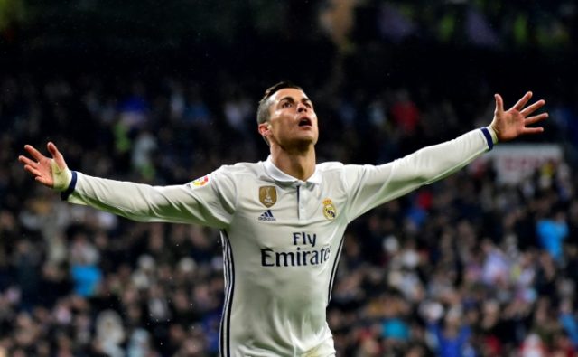 Real Madrid's forward Cristiano Ronaldo celebrates after scoring a goal during the Spanish