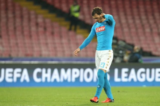 Napoli's forward Manolo Gabbiadini reacts at the end of the UEFA Champions League football