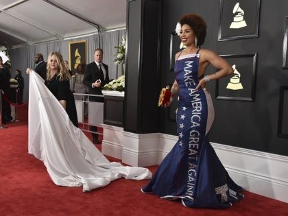 Joy Villa wears a gown that says "Make America Great Again" at the 59th annual G