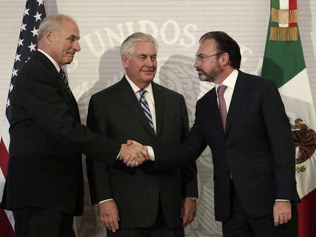 U.S. Secretary of State Rex Tillerson, center, smiles as Mexico's Foreign Relations S