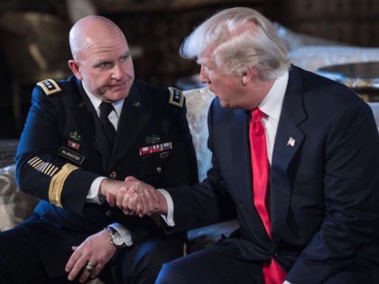 US President Donald Trump shakes hands with US Army Lieutenant General H.R. McMaster (L) as his national security adviser at his Mar-a-Lago resort in Palm Beach, Florida, on February 20, 2017. / AFP / NICHOLAS KAMM (Photo credit should read NICHOLAS KAMM/AFP/Getty Images)