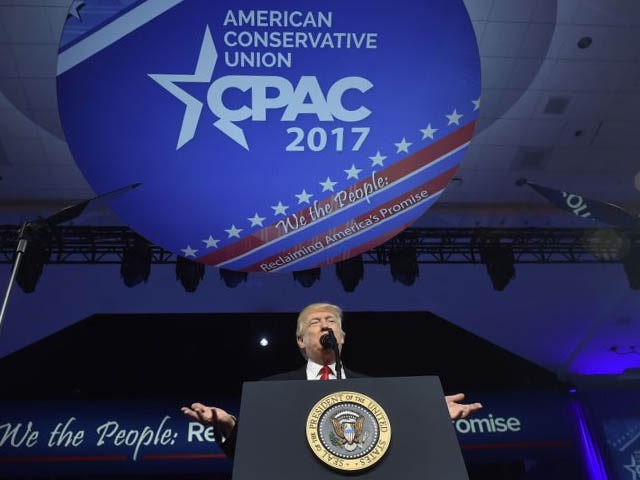 US President Donald Trump addresses the Conservative Political Action Conference (CPAC) at National Harbor, Maryland, on February 24, 2017. / AFP / Nicholas Kamm (Photo credit should read NICHOLAS KAMM/AFP/Getty Images)
