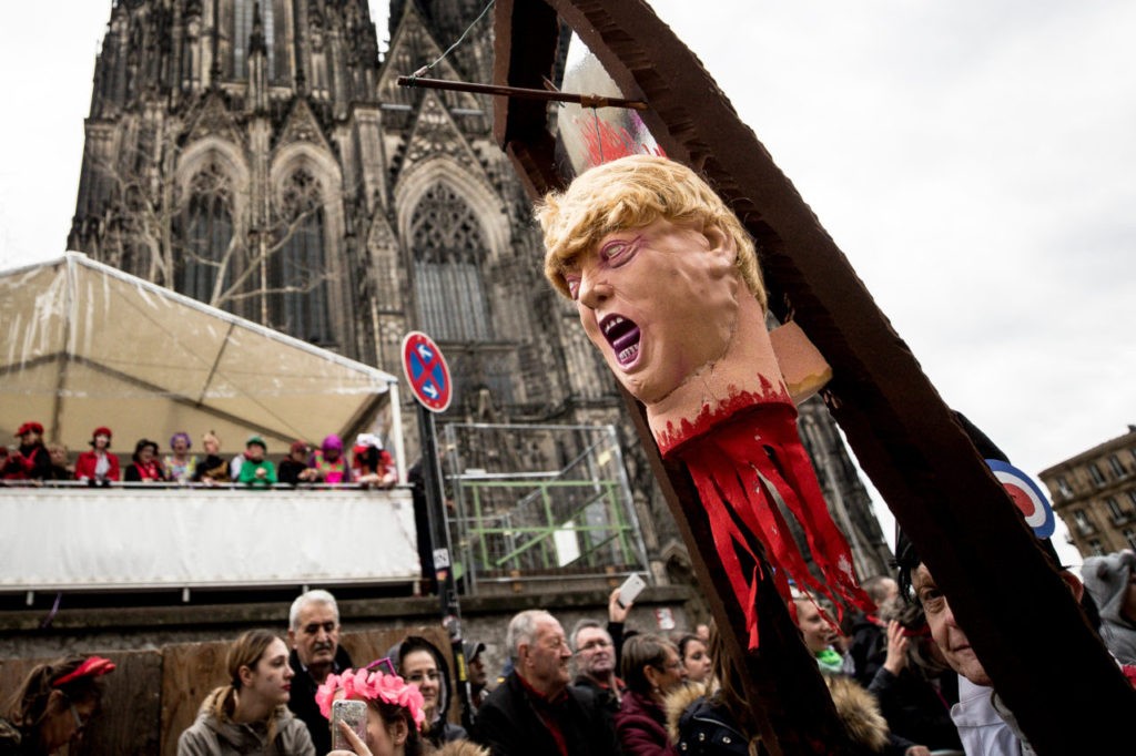 COLOGNE, GERMANY - FEBRUARY 27: A mask featuring U.S. President Donald Trump is seen in the annual Rose Monday parade on February 27, 2017 in Cologne, Germany. Political satire is a traditional cornerstone of the annual parades and the ascension of Donald Trump to the U.S. presidency, the rise of the populist far-right across Europe and the upcoming national elections in Germany provided rich fodder for float designers this year. (Photo by Maja Hitij/Getty Images)