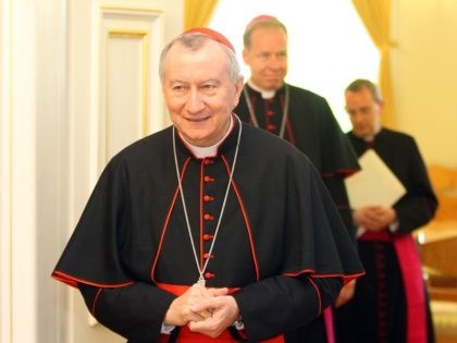 Italian Cardinal Pietro Parolin arrives to be awarded the Grand Cross of the Order of the