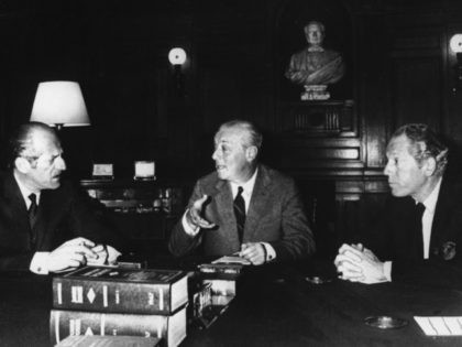 May 1967: Merchant bankers, the Rothschilds in an office at their headquarters in the Rue Laffitte, Paris. left to right : Baron Elie De Rothschild, Baron Guy De Rothschild and Alain De Rothschild. (Photo by Keystone Features/Getty Images)